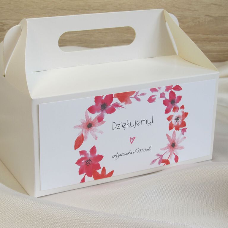 Pudełko na ciasto weselne z różowymi i pomarańczowymi kwiatami (1)