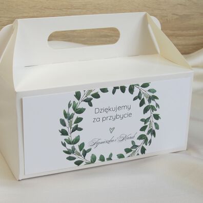 Pudełko na ciasto weselne - zielone listeczki