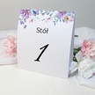 Numer stołu z fioletowymi akwarelowymi kwiatami